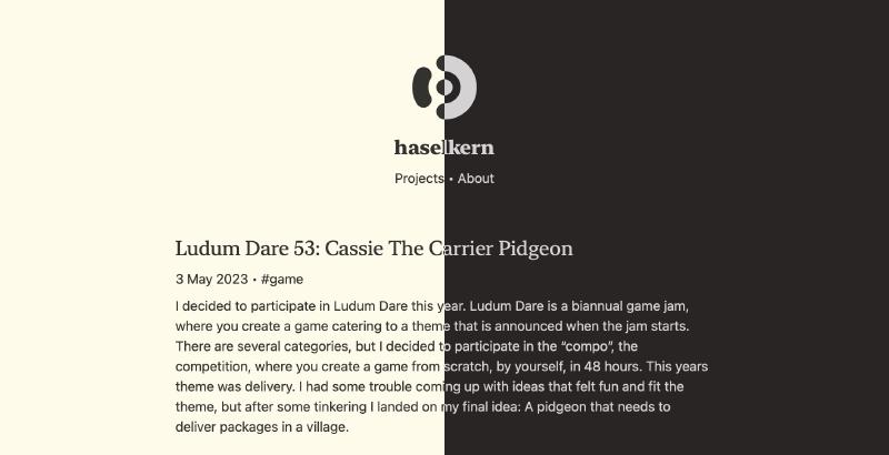 a simple website showing a post preview, it is split into light and dark mode