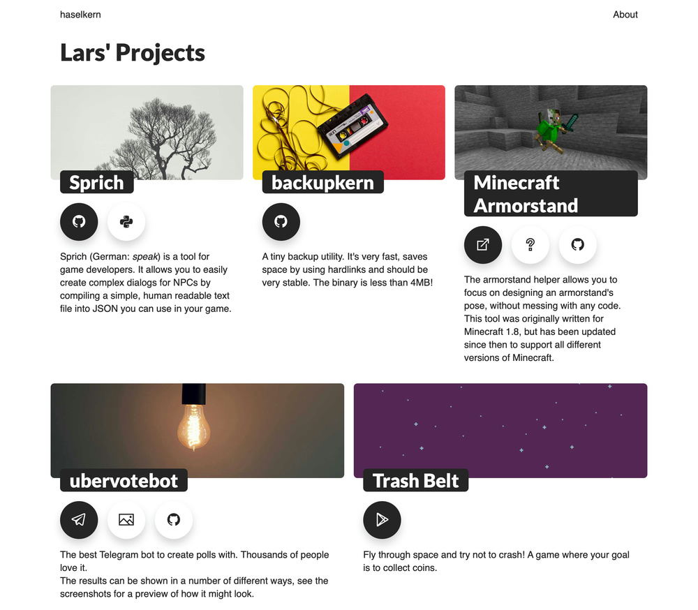 a website with my projects, each project has an image and some actions