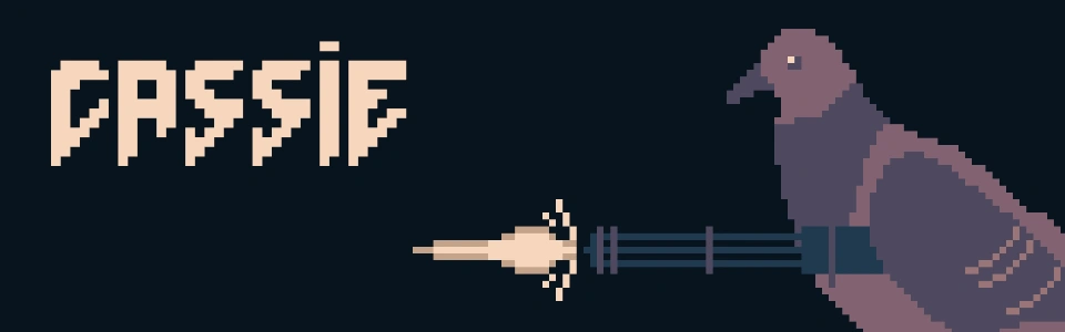 a pixel art pidgeon carrying a gattling gun under its wing