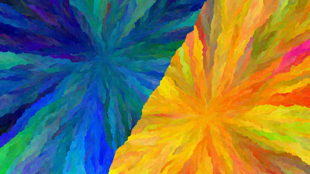blue colors on the left, orange colors on the right, separated by a diagonal line