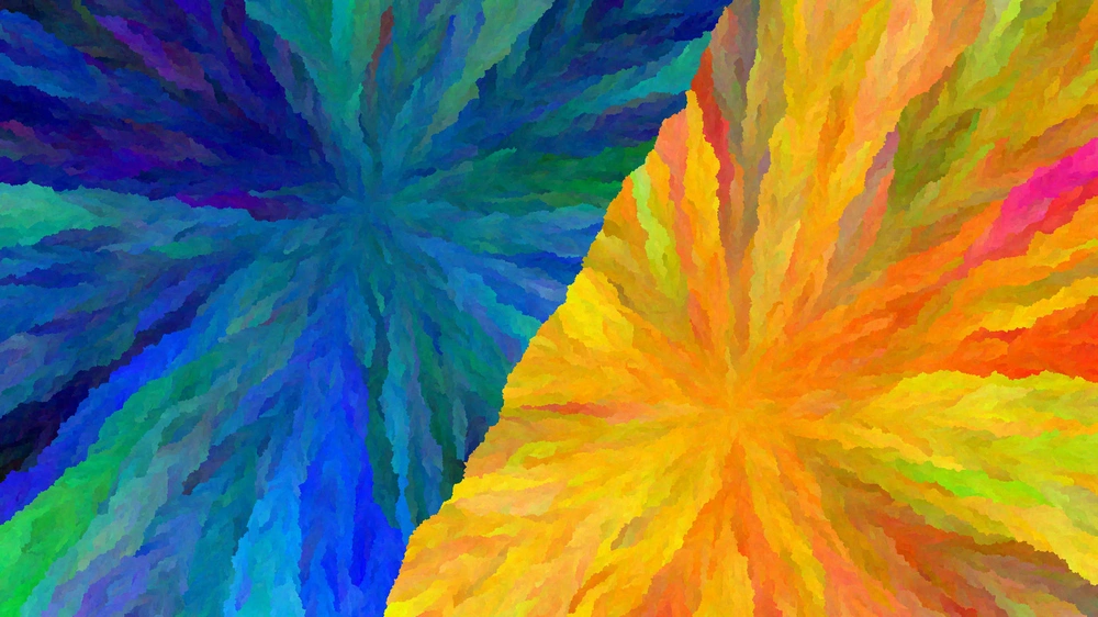 blue colors on the left, orange colors on the right, separated by a diagonal line